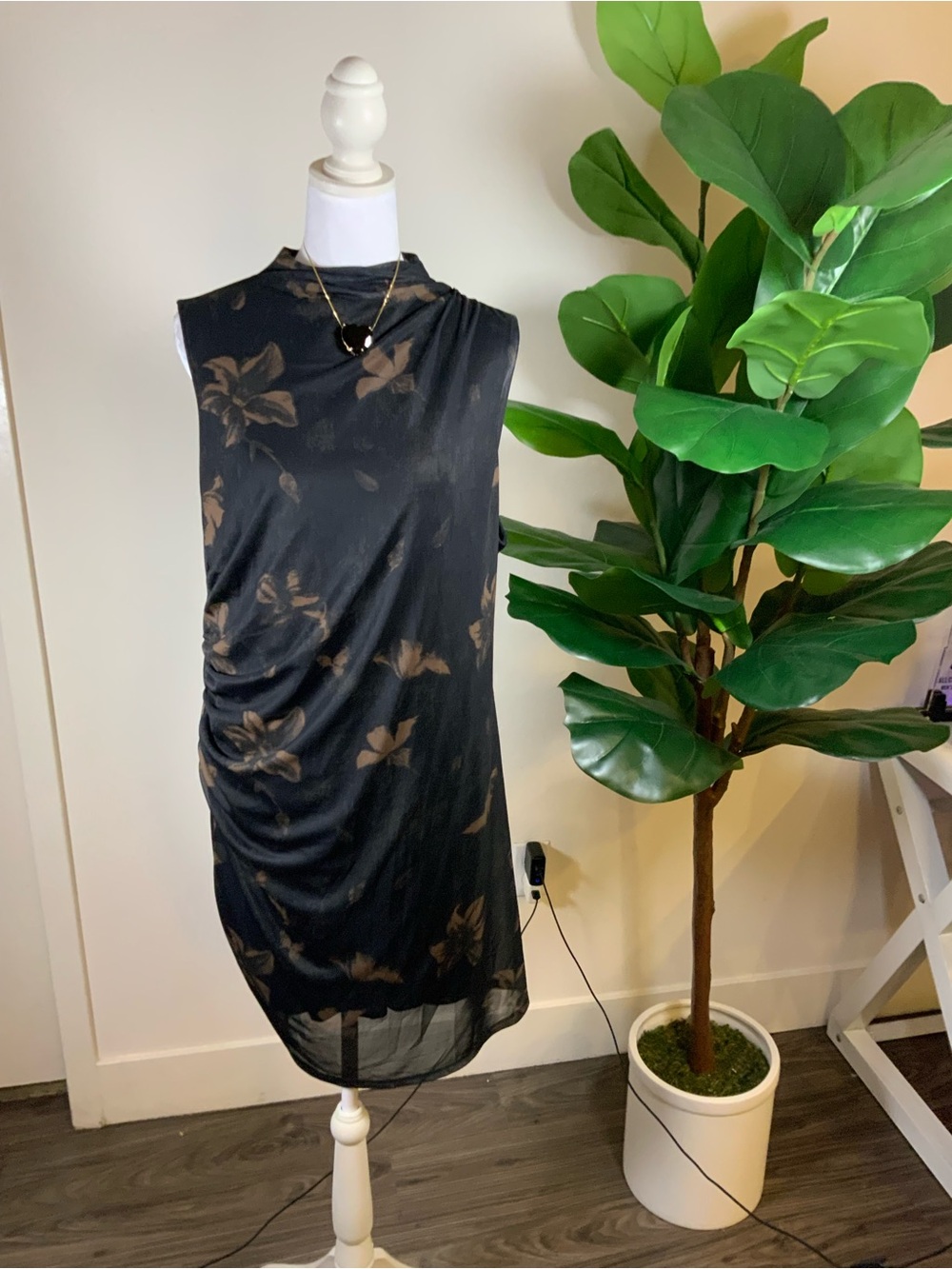 Sleeveless Black Midi Dress with Brown Floral Print